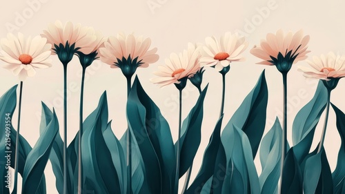 Beautiful soft pastel daisy flowers illustration with teal foliage stems and elegant minimalist cream colored background design.