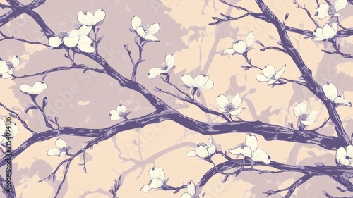 Elegant botanical illustration of white dogwood blossoms on dark purple branches over a soft pastel background for decorative wallpaper designs.