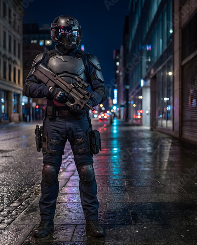 Futuristic Armored Soldier on Rainy Neon City Street at Night