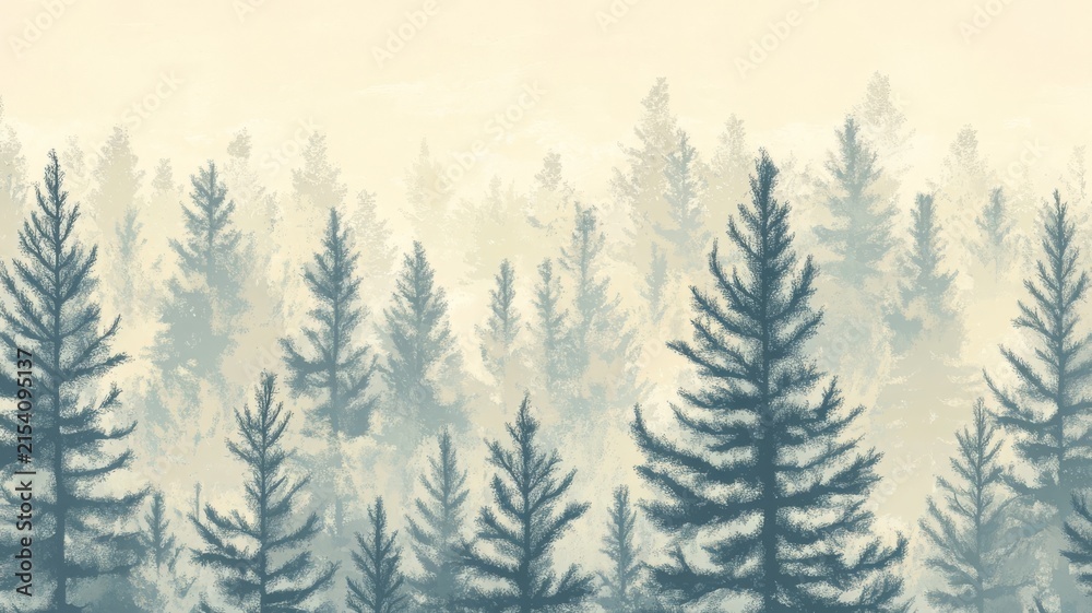 Fototapeta premium Abstract pine forest landscape with foggy haze and soft sunlight minimalist design background wallpaper illustration for nature themes.