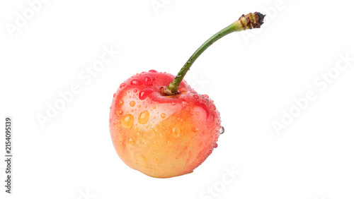 Fotografía Single fresh ripe yellow and red sweet cherry berry with green stem isolated on