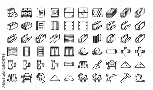 Building Materials Cement Timber Tile Roof Door Window Outline Icon Collection