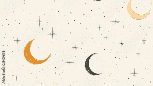Boho celestial pattern design featuring minimalist crescent moons and twinkling stars on cream background for artistic wall decor.