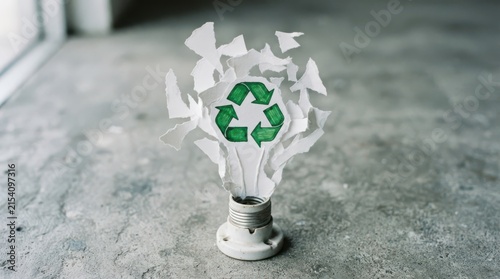 Recycle symbol made of torn paper pieces in a light bulb socket