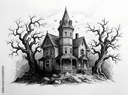 A detailed black and white ink drawing of a spooky victorian haunted mansion surrounded by bare gnarled trees on a white background