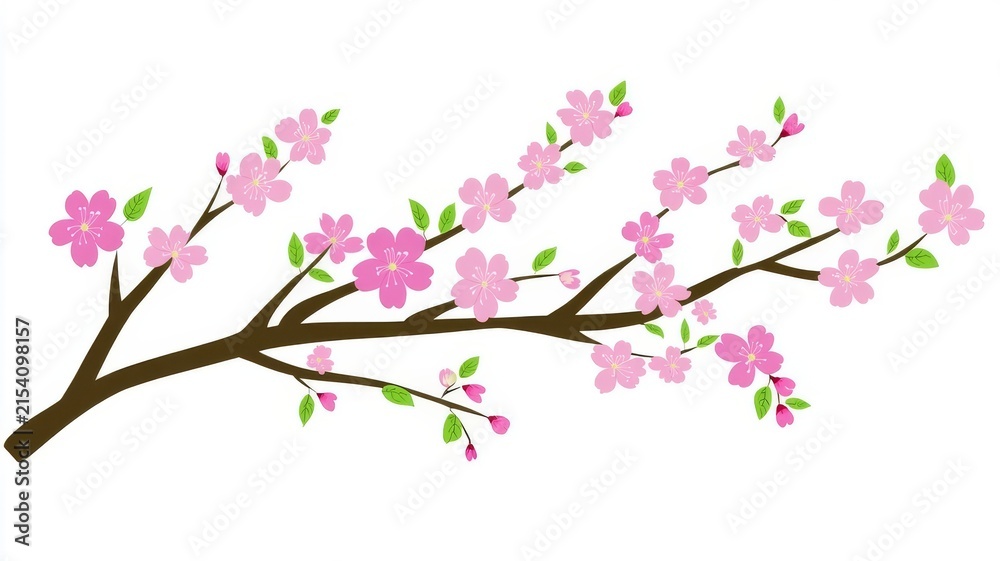 Fototapeta premium Beautiful spring cherry blossom branch illustration on white background for decorative design projects.