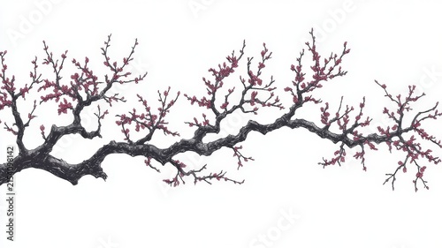 Elegant ink drawing of a blooming plum tree branch with pink buds on a clean minimalist white background for artistic design.