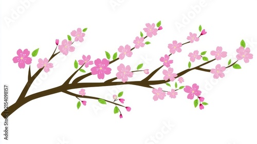 Beautiful spring cherry blossom branch illustration on white background for decorative design projects.
