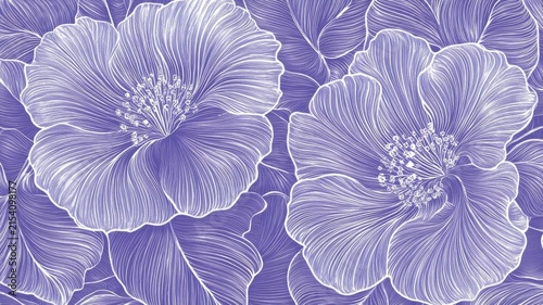 Elegant purple floral wallpaper with intricate white art botanical pattern design and minimalist petal illustration backdrop.