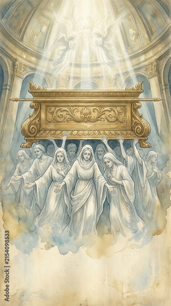 Fototapeta premium Group of woman and man lifting golden Ark of the Covenant in heaven. Biblical apocalypse and divine revelation. Religious illustration of holy relic and angels for spiritual belief.