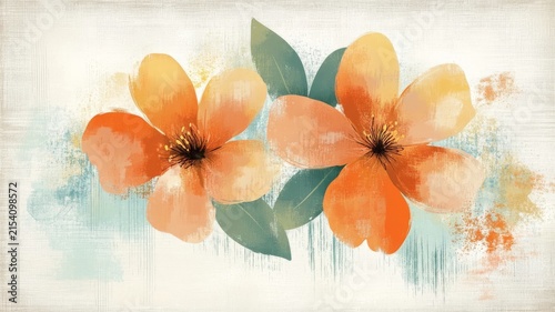 Abstract orange floral painting illustration with green leaves on neutral textured background for artistic interior wall decor design.