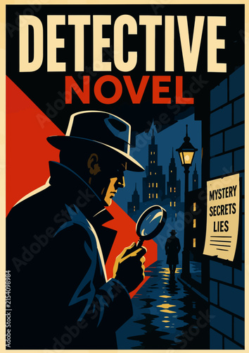 097-29-Detective investigating a mystery with a magnifying glass in a dark city street at night