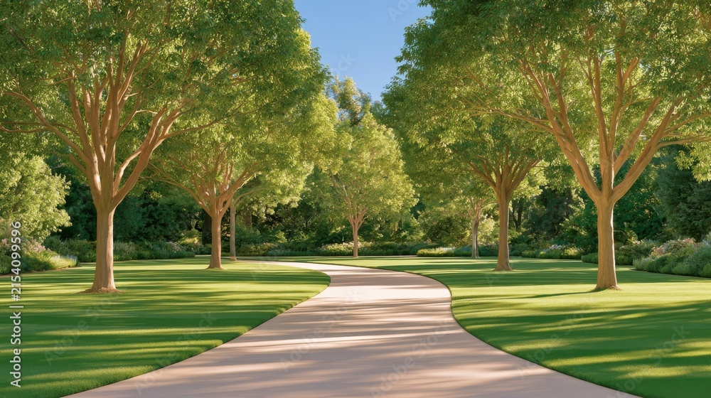 Obraz premium Peaceful garden path lined with trees under soft morning light