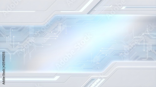 Futuristic circuit board pattern displayed on a sleek white metallic background with soft blue glowing lights and intricate geometric lines