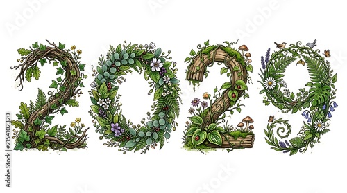 Floral Typography Design for New Year 2029 with Nature Elements and Leaves