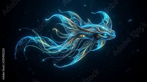 Glowing Bioluminescent Sea Creature in Deep Ocean Environment with Mystical Aura