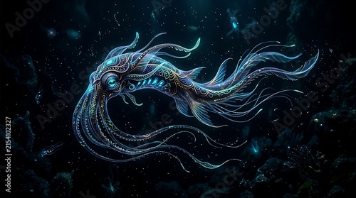Glowing Bioluminescent Sea Creature in Dark Underwater Environment