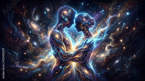 Ethereal Silhouettes of Two Figures Embracing in a Cosmic Space Background