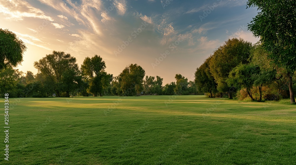 Fototapeta premium Lush green meadow stretches toward distant trees under a vibrant sunset sky, evoking tranquility and offering a serene landscape ideal for representing peaceful outdoor retreats
