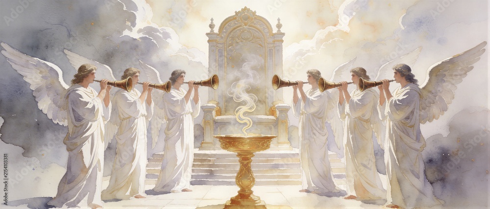 Fototapeta premium Angels with trumpets standing before a golden throne in heaven. Biblical apocalypse scene from Revelation with divine light and incense. Banner with copy space