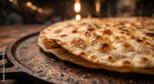  A hyper-realistic macro photograph focusing on the blistered, golden-brown surface of a folded tortilla cooked on a hot cast-iron comal, showing light oil bubbles and crisp charred spots.
