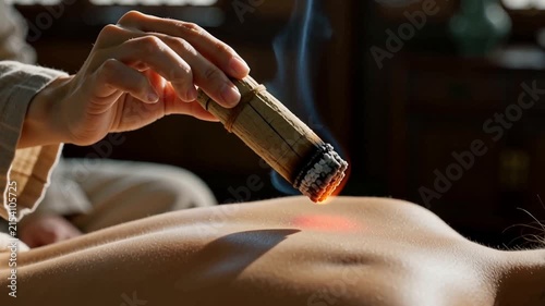 Close up of traditional Chinese moxibustion therapy with burning moxa stick held over patient bare back