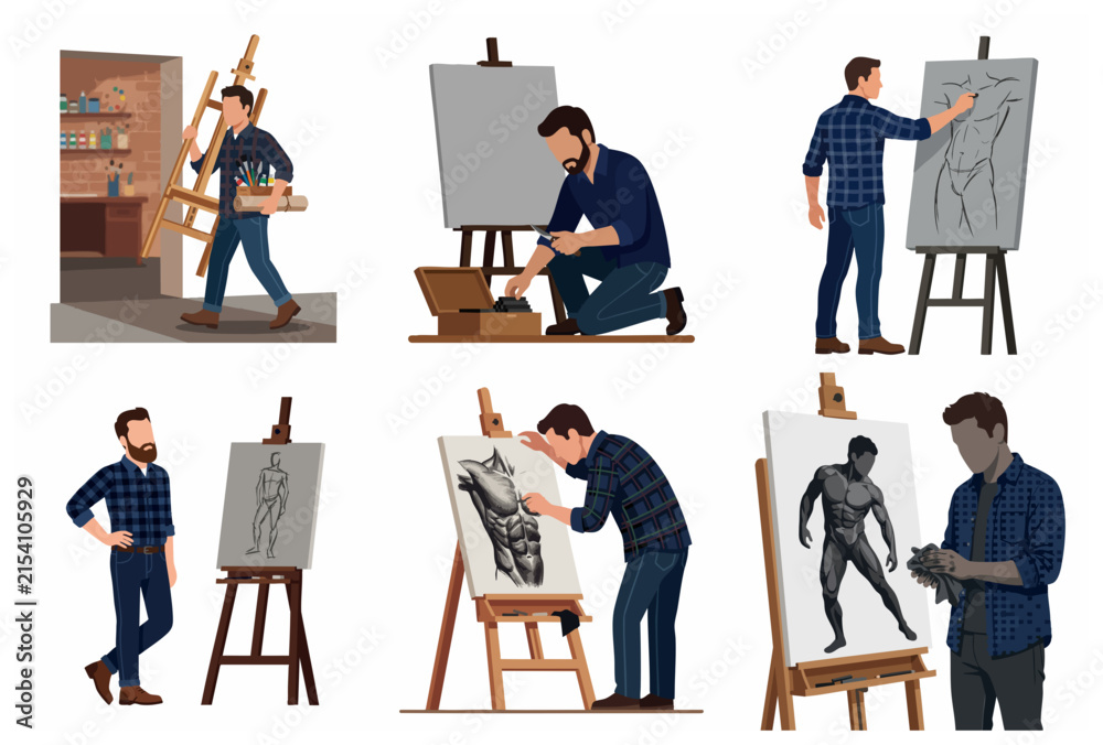 Fototapeta premium Flat Vector Set of Male Artist Character Illustrating Human Anatomy on Canvas with Easel