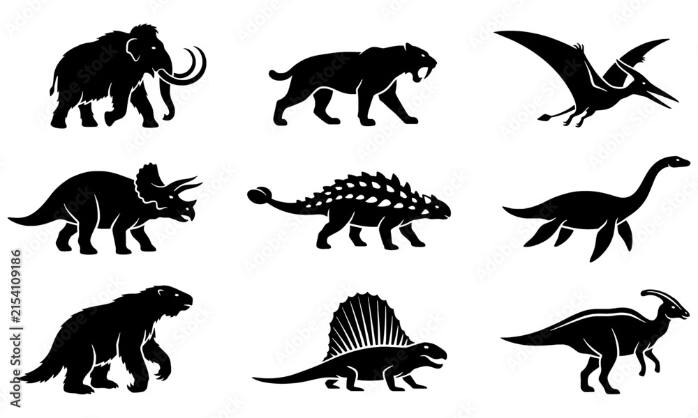 Obraz premium Prehistoric creature vector collection displaying various extinct animals in black silhouette style isolated on a plain white background for design