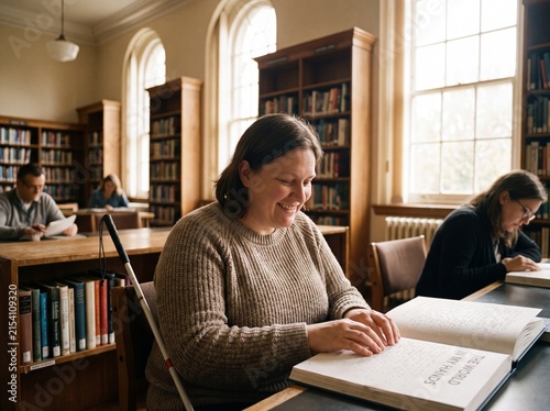 A smiling blind woman reads a Braille book in a library, with other patrons studying in the background.