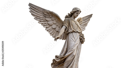 Classic white marble antique historical angel sculpture statue artwork monument asset isolated on transparent background