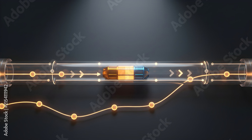Pharmaceutical drug delivery capsule in transparent glass tube with amber directional arrows, medical technology concept for biotech innovation and precision medicine research