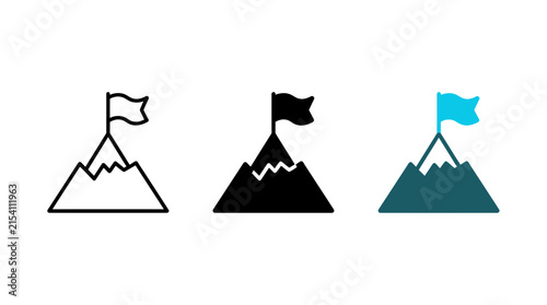 Canvas Print Mountain summit with a flying flag icon set for success and accomplishment, moun