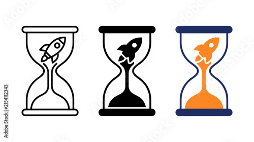 Set of hourglass icons with rocket ship inside representing startup growth time