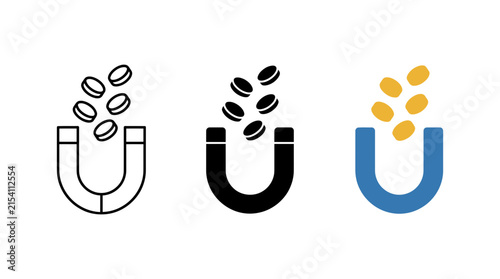 Fotografie U-shaped magnet attracting coins icon collection in three visual styles