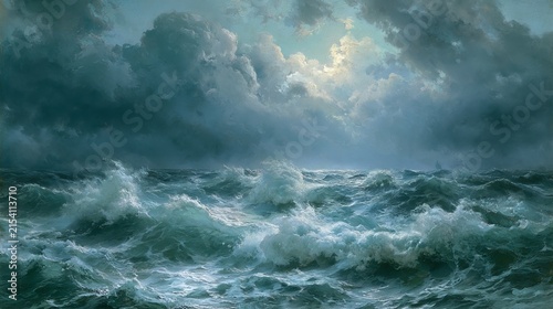 Dramatic seascape depicts churning ocean waves beneath a turbulent, overcast sky, creating a moody and powerful composition ideal for representing nature’s raw energy