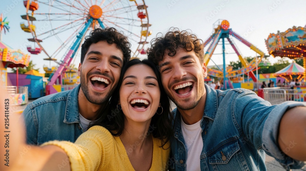 Naklejka premium Happy young diverse friends take selfie at colorful amusement park. Smiling man, woman enjoy fun rides with Ferris wheel background. Group of carefree people laugh together, celebrate summer holiday,