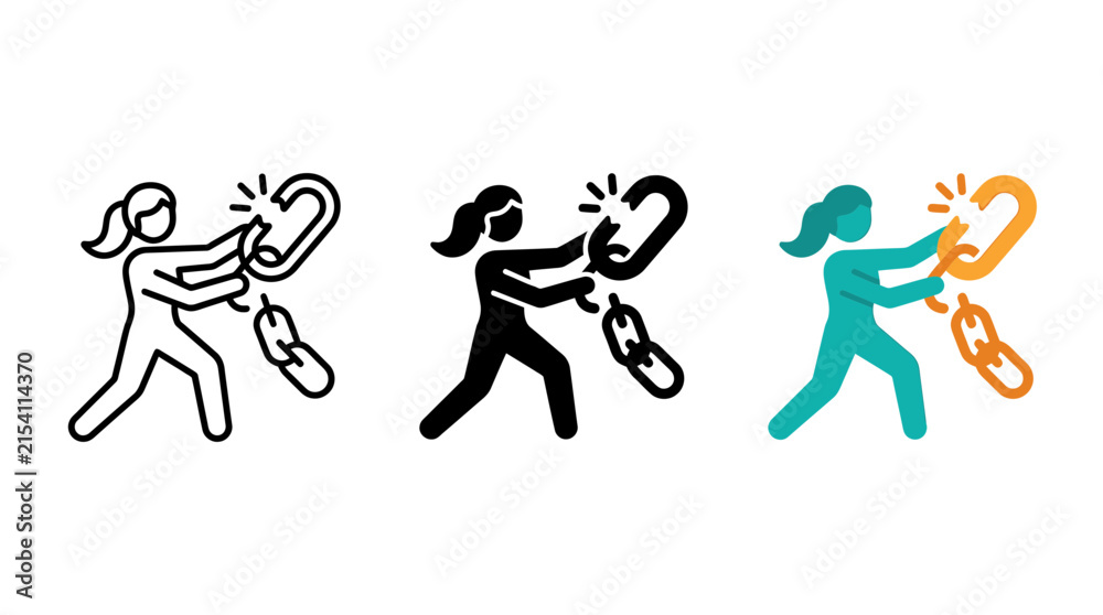 Fototapeta premium Woman pulling apart metal chain link symbol icon design set with strength, breaking