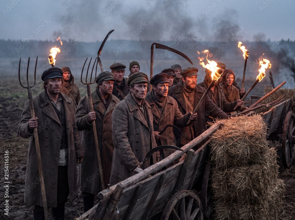 Obraz premium Determined Peasant Militia with Torches and Pitchforks Preparing for Battle in a Field at Dusk