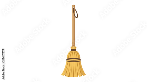 Photography Rustic wooden broom vector illustration, traditional straw besom for cleaning, c