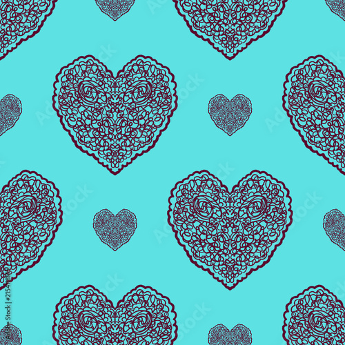 Seamless pattern with lace hearts on an light green background