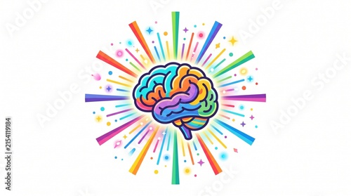 Vibrant colorful brain icon with radiating light rays for creative thinking and innovation.