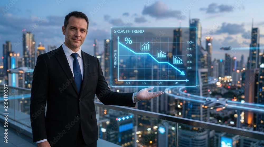 Fototapeta premium Businessman showcasing financial growth with futuristic city skyline and tech-themed graph.