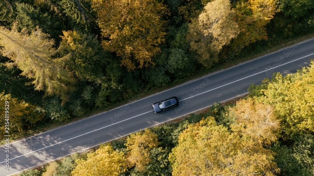 Obraz premium The Car Driving Through an Autumn Forest Road Aerial Perspective