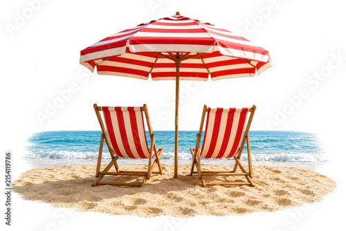 Two beach chairs under a striped umbrella on a sandy tropical shore