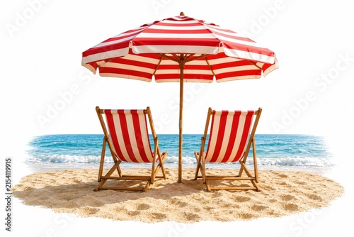 Two beach chairs under a striped umbrella on a sunny sand beach