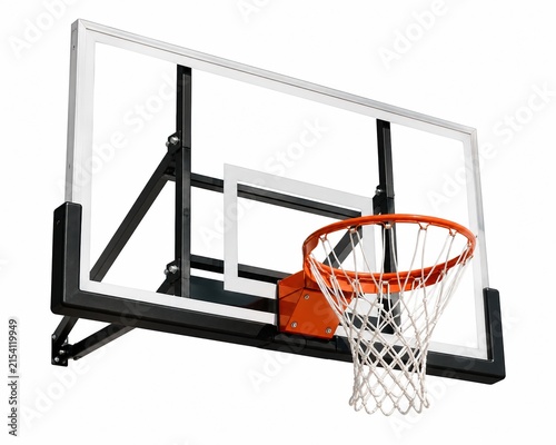 Basketball hoop with glass backboard and orange rim for sports games