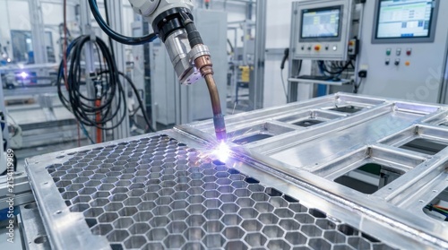 Detailed view of a robotic arm performing welding on a metal sheet in a contemporary manufacturing environment
