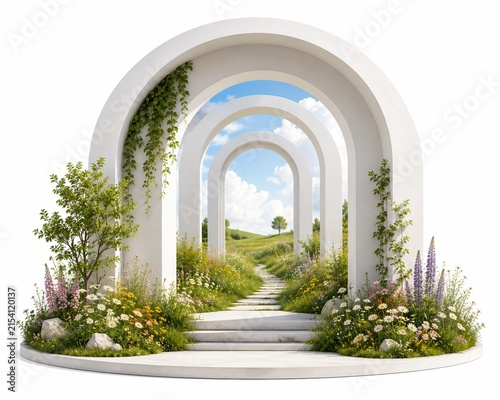 White stone garden archway with blooming spring flowers and green vines