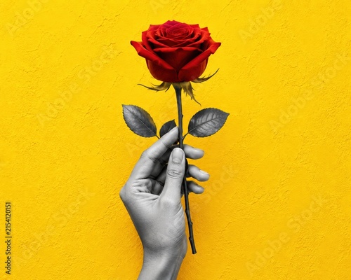 A hand holding a red rose flower isolated on a bright yellow background