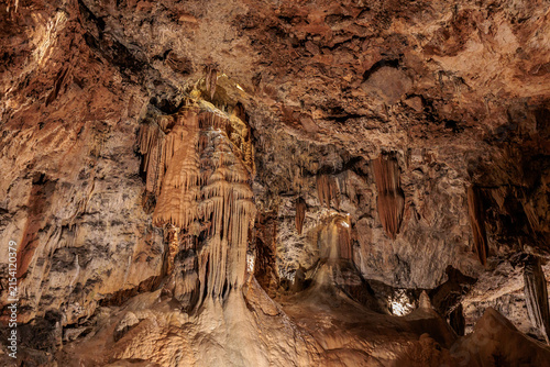 Beautiful stalactites and stalagmites inside the Valporquero Cave, Vegacervera, León, Spain.